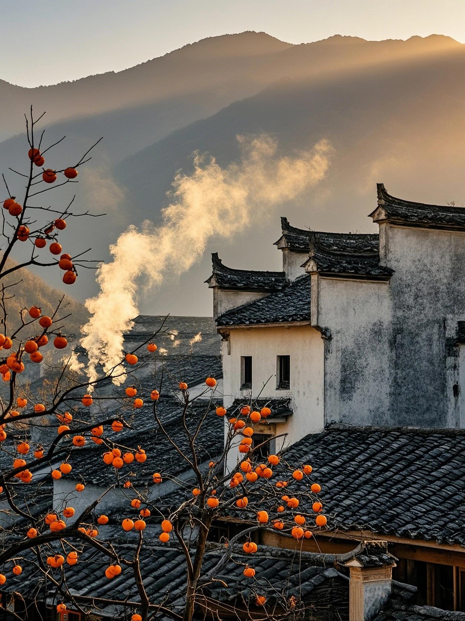 金黄的柿子挂满枝头，宛如一盏盏小灯笼
